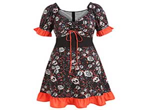 Halloween Skulls Print Flounce Cinched Dress