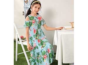 SHEIN Girls Tropical Print Cold Shoulder Layered Dress