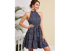 SHEIN Ditsy Floral Print Tie Back Halter Dress