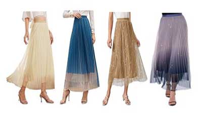 Womens High Waist 3 Layer Mesh Long Pleated Skirt