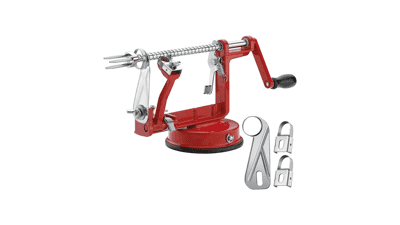 Apple Peeler Corer, Durable Chrome Cast Magnesium Alloy Slicer with Stainless Steel Blades and Powerful Suction Base (Red)