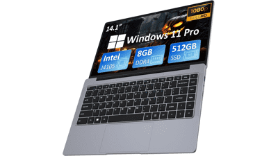 Auusda Laptop Computer - 8GB DDR4, 512GB M.2 SATA SSD, Intel Celeron J4105, 14.1" 1920x1080 IPS LCD, Windows 11 Pro