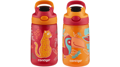 Contigo Aubrey Kids Water Bottle with Silicone Straw and Spill-Proof Lid, Dishwasher Safe, 14oz 2-Pack - Cheetah & Toucans