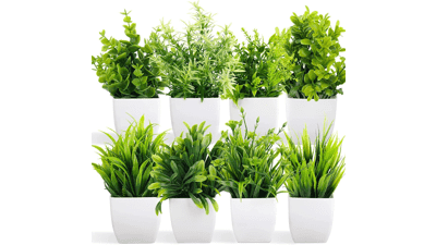 Dekorly® Artificial Potted Plants - 8 Pack Plastic Eucalyptus Small Indoor Houseplants for Home Decor, Bathroom, Office, Farmhouse - Green