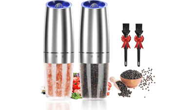 Electric Salt and Pepper Grinder Set, Adjustable Coarseness, Automatic Mill with Blue LED Light, One Hand Operated - Sliver 2 Pack