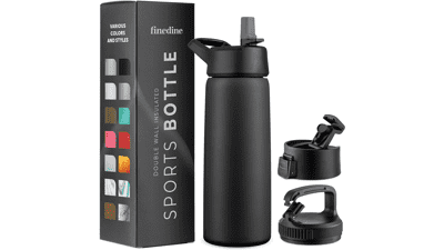 FineDine Insulated Water Bottles with Straw - 25 Oz Stainless Steel - 3 Lids - Reusable for Travel, Camping, Bike, Sports - Inky Raven Black