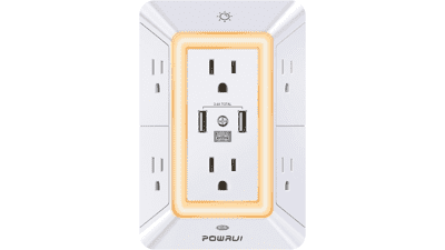 POWRUI Multi Plug Outlet Surge Protector with USB Ports and Night Light - White