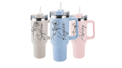 Personalized 40 Oz Tumbler with Handle and Straw - Insulated Stainless Steel Travel Coffee Mug - Birthday Gift for Women Men