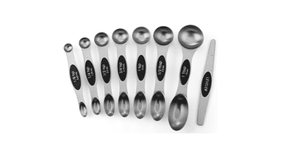 Spring Chef Magnetic Measuring Spoons Set - Strong N45 Magnets, Heavy Duty Stainless Steel, Fits in Kitchen Spice Jars - Baking & Cooking, BPA Free - Black, Set of 8 with Leveler
