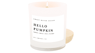 Sweet Water Decor Hello Pumpkin Soy Candle | Warm Spices | Vanilla | Whipped Cream | Buttery Pie Crust Scented Candle | 11oz White Jar Candle