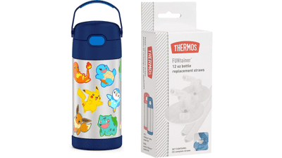 THERMOS FUNTAINER 12oz Stainless Steel Vacuum Insulated Kids Straw Bottle - Pokemon & Replacement Straws - Clear