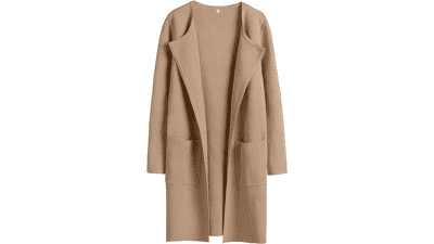 Women's Open Front Knit Cardigan - Long Sleeve Lapel Casual Sweater Jacket