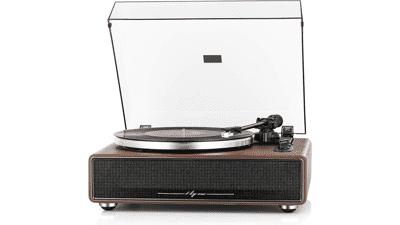 1 by ONE High Fidelity Belt Drive Turntable with Built-in Speakers, Vinyl Record Player, Magnetic Cartridge, Bluetooth Playback, Aux-in Functionality