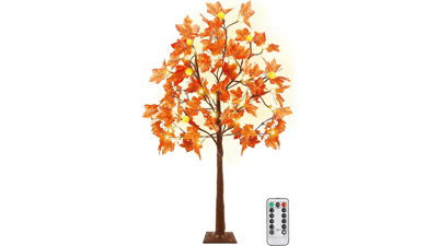4 Ft Prelit Lighted Maple Tree Thanksgiving Decor with Timer Remote, 48LED, 6 Pumpkin Lights, 8 Modes - Artificial Tree for Indoor Outdoor Harvest Autumn Fall Decor, Halloween Decorations