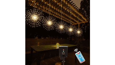 5 Pack Solar Starburst Sphere Lights - 200 LED Firework Lights - 8 Modes Dimmable - Waterproof Hanging Fairy Light - Copper Wire Lights for Patio Parties Christmas (Warm White)