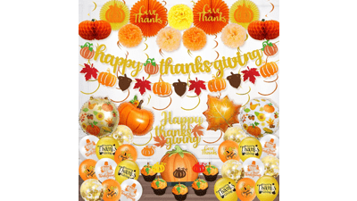 70 PCs Thanksgiving Party Decorations - Hombae Fall Pumpkin Themed Decor Fan Pom Pom Honeycomb Ball Hanging Swirl Maple Leaf Acorn Happy Thanksgiving Banner Balloon - Brown Gold Orange