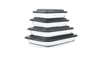 8-Piece Deep Glass Baking Dish Set with Plastic Lids - Rectangular Bakeware for Lasagna, Leftovers, Cooking - Gray