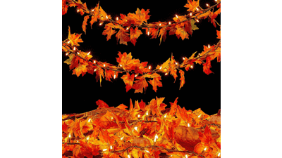 9FT Plug in Fall Garland with Lights - 50 Orange Bulbs - Indoor Outdoor Halloween Thanksgiving Harvest Decor