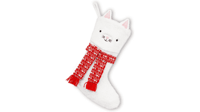 ALLYORS 20'' Xmas Stocking - Cat Christmas Stocking - Pet Hanging Stockings - Kitty Embroidered - Personalized Cuff - Lovely Home Holiday Decoration