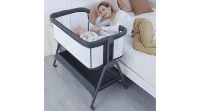 ANGELBLISS Baby Bassinet Bedside Crib with Storage Basket, Wheels, and Adjustable Height