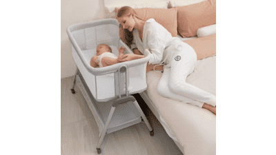 ANGELBLISS Baby Bassinet Bedside Sleeper - Portable, Folding, Adjustable Height - Beige