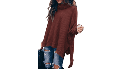 ANRABESS Women's Sweater - Fall 2023 Oversized Turtleneck Batwing Sleeve Waffle Knit Split Hem Tunic Pullover Tops