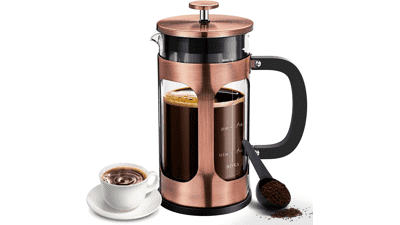 BAYKA 34oz French Press Coffee Maker, Glass Copper Stainless Steel, Heat Resistant Borosilicate Coffee Pot