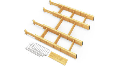Bamboo Drawer Dividers with Inserts and Labels - Adjustable Kitchen Organizers for Home, Office, Dressers - 4 Dividers with 9 Inserts