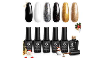 Beetles Black Gold Glitter Gel Nail Polish Set - 6 Colors All Season Kit Soak Off UV Lamp Nail Art Christmas Gift for Women