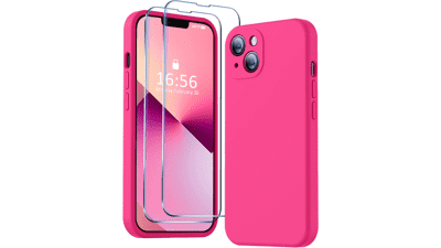 BossKiss iPhone 13 Case - Premium Silicone [Camera Protection] [2 Screen Protectors] [Soft Anti-Scratch Microfiber Lining] - Hot Pink