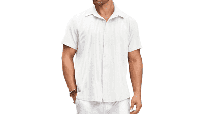 COOFANDY Men's Cotton Linen Relaxed Fit Short Sleeve Beach Button Down Shirt