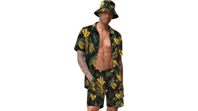 COOFANDY Men's Hawaiian Shirt and Short Set - Flower Beach Outfit with Bucket Hats