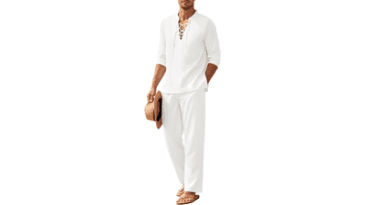 COOFANDY Men's Linen Set - Long Sleeve Henley Shirts & Casual Beach Pants with Pockets