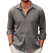 COOFANDY Men's Linen Shirt - Long Sleeve, Two Pockets, Lightweight