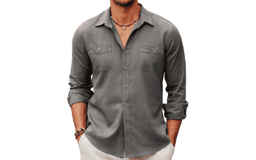 COOFANDY Men's Linen Shirt - Long Sleeve, Two Pockets, Lightweight