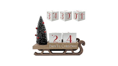 Christmas Countdown Blocks Santa Sleigh Advent Calendar - Wooden Farmhouse Rustic Sign Xmas Party Holiday Décor