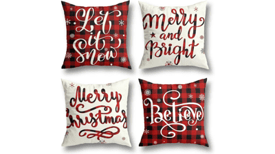 Christmas Pillow Covers 18x18 Inches Set of 4 Farmhouse Buffalo Plaid Black and Red Throw Pillow Case