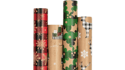Christmas Wrapping Paper - Kraft Paper - Gift Ship, Snowflake, Buffalo Plaid and Reindeer - 4 Rolls - 30 inches x 10 feet per Roll