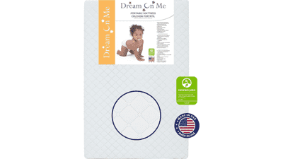 Dream On Me Holly 3” Fiber Portable Mini Crib Mattress - Waterproof Vinyl Cover, Lightweight & Greenguard Gold Certified - White
