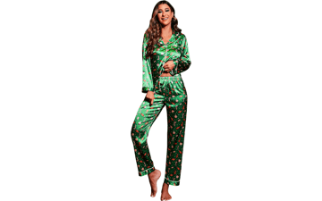 Ekouaer Classic Button Down Satin Silk Pajama Set for Women