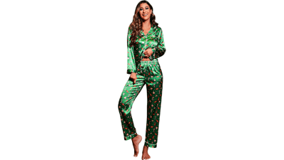 Ekouaer Classic Button Down Satin Silk Pajama Set for Women