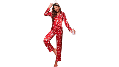 Ekouaer Classic Button Down Satin Silk Pajama Set for Women