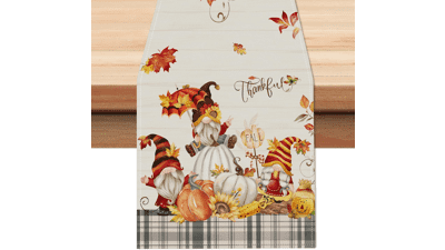 Fall Gnomes Pumpkin Table Runner - 13x72 Inch - Autumn Leaves Harvest Thanksgiving Kitchen Dining Table Decoration - Indoor Outdoor Home Party Decor