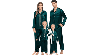 Family Matching Silk Satin Pajamas Button Down Sleepwear Long Sleeve Nightwear Set