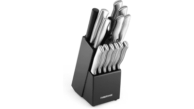 Farberware 15-Piece High-Carbon Stainless Steel Kitchen Knife Set with Wood Block, Steak Knives, Black
