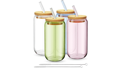 Fullstar Glass Cups With Lids and Straws - Drinking Glasses, Glass Tumbler With Straw And Lid, Iced Coffee Cups, Glass Coffee Cups With Bamboo Lids, Cordial Glasses (4 Pack, Multicolor)