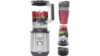 GE 5-Speed Blender with (2) 16 oz Blender Cups | Kitchen Essentials for Shakes, Smoothies & More | 64 oz Tritan Jar, 8-10 Servings | Stainless Steel Blades & Exterior | 1000 Watts