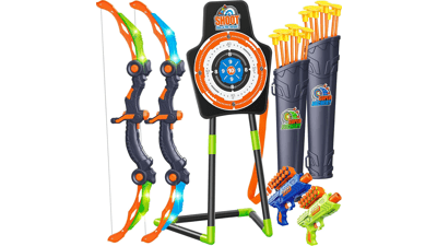 GMAOPHY Bow and Arrow for Boys, Birthday Gift for Kids, Indoor Outdoor Activity Toys, LED Light Up Archery Toy with Suction Cup Arrows, Standing Target & Quiver