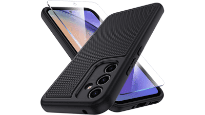 Galaxy A54 5G Case - Camera Protection, Non-Slip Textured Back, Tempered Glass Screen Protector - Black