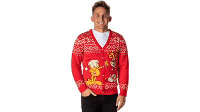 Cardigan Lavorato A Maglia Garfield Brutto Natale – Uomo, Con Personaggi E Albero Di Odie, Acrilico